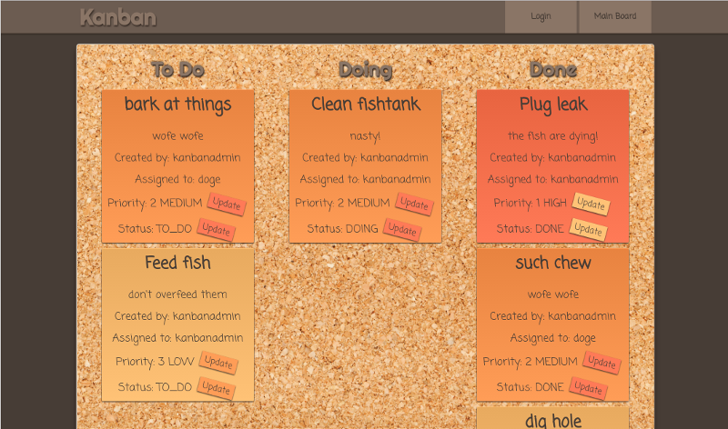 Screenshot of React Kanban, with a warm-colored interface modeled after a cork board with sticky notes
