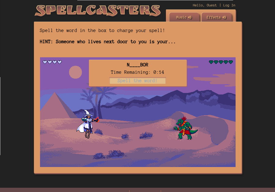 Screenshot of SpellCasters, with an interface modeled on a mystic desert setting